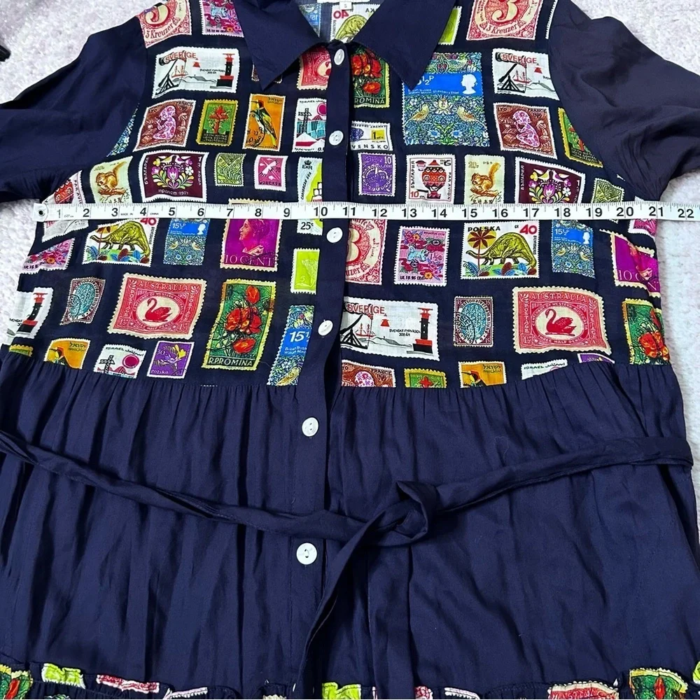RubyYaya Tiered Postage Stamp Maxi Dress 3/4 Sleeves Button Front Belted Small - Picture 10 of 15